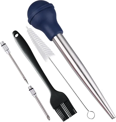 Vista 12 de Baster de Pavo, Baster de Pavo de Acero Inoxidable, Conjunto de Baster Inyector de Carne con Jeringa con 2 Agujas y 2 Cepillos de Limpieza