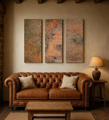 Vista 2 de Arte de pared de cobre real - Arte de metal de 3 paneles - Textura de pátina - Tríptico abstracto moderno - Decoración rústica hecha a mano