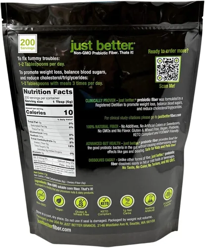 Vista 2 de just better. Suplemento de fibra prebiótica para un intestino sano Fibra en polvo con cero grano cero sabor y sin hinchazón ni gas Siéntete
