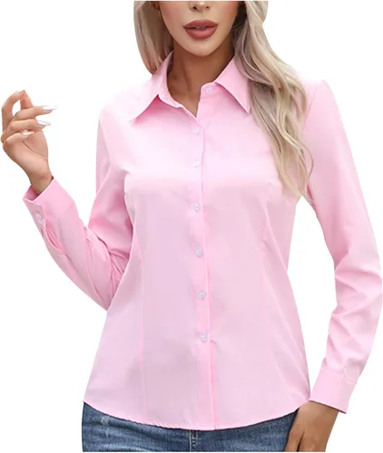 Vista 8 de Womens Button Down Shirts Collared Long Sleeve Solid Color Dressy Blouses Business Casual Office Work Tops