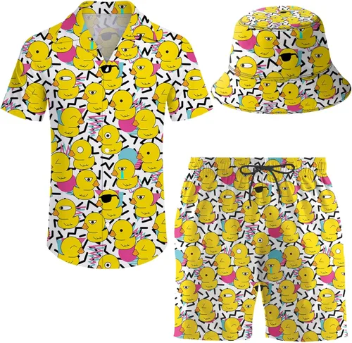 Vista 18 de Conjunto deportivo de 2 piezas para hombre, camisa hawaiana, pantalones cortos, camisa con botones y pantalones cortos con sombreros de pescador