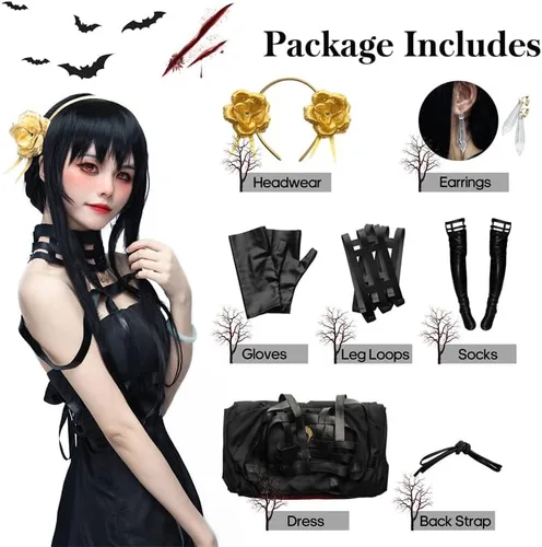 Vista 3 de colarm Yor Forger Cosplay Costume SPY X Family Role-playing Female Killer Gothic Girl Black Dress Uniform with Stockings Set