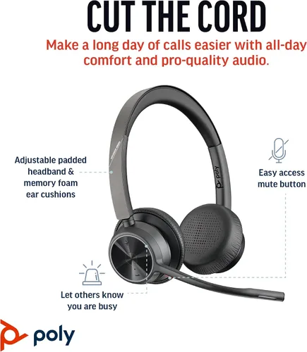 Vista 2 de Poly Voyager 4320 UC Auriculares inalámbricos (Plantronics) - Auriculares estéreo con micrófono con cancelación de ruido - Conecta PC/Mac/Móvil vía