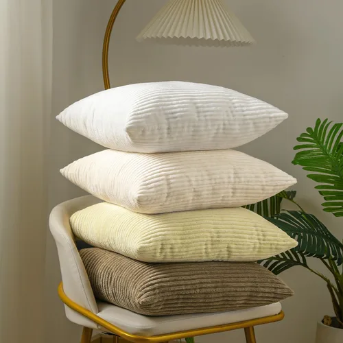 Vista 21 de Lewondr - Fundas de almohada de pana, juego de 4 fundas cuadradas de 22x22 pulgadas, con diseños a rayas modernas, para sofá, sala de estar, Marrón