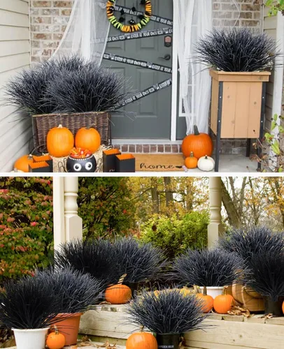 Vista 6 de Flores Artificiales de Plantas en Blanco y Negro para Halloween, Hierba de Cebolla Artificial Resistente a los Rayos UV, Arbustos de Plantas
