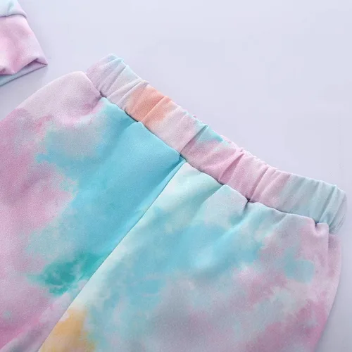 Vista 5 de Conjunto de 2 piezas para bebé y niña, teñido anudado, manga larga, sudadera con capucha y pantalones, ropa de otoño e invierno