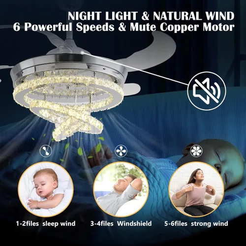 Vista 9 de Ventilador de techo de 42" de cristal con luces, ventilador de araña de cristal moderno DIY con control remoto, ventilador de techo retráctil
