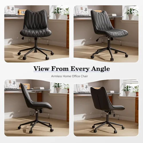 Vista 8 de Silla de oficina sin brazos, silla de escritorio sin brazos, silla giratoria ajustable con ruedas, tapizada de piel sintética, compacta