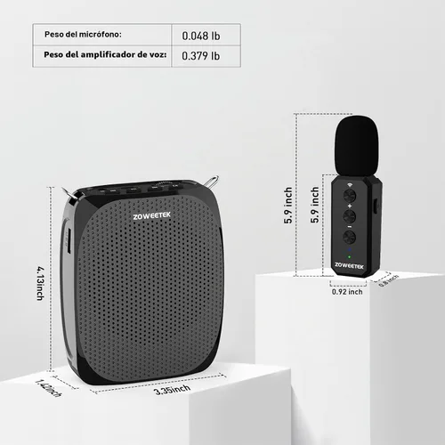 Vista 5 de ZOWEETEK Amplificador de Voz con Micrófono Inalámbrico de Solapa Lavalier para Maestros, Nuevo Sistema de Micrófono Personal 2025, Altavoz Portátil