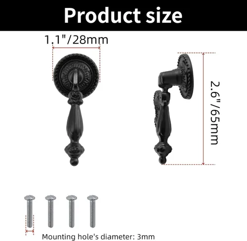 Vista 2 de 4 tiradores de lágrima colgantes antiguos decorativos para gabinete, cajón, armario, tocador, joyero con tornillos (negro, 2.6 x 1.1 pulgadas)