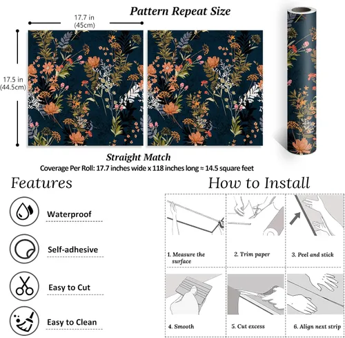 Vista 2 de VEELIKE Papel tapiz floral de prado azul medianoche para despegar y pegar, papel tapiz floral de flores silvestres, 17.7 x 118 pulgadas, papel