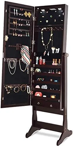 Vista 8 de GOFLAME Espejo de armario de joyería con luces LED, dos cajones con cerradura, organizador de joyas de gran capacidad, organizador de almacenamiento