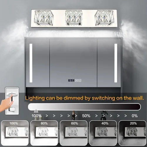 Vista 2 de Lámpara LED de baño – Moderna lámpara de tocador de cristal de 3 luces – Lámpara de pared cromada para baño 5CCT regulable