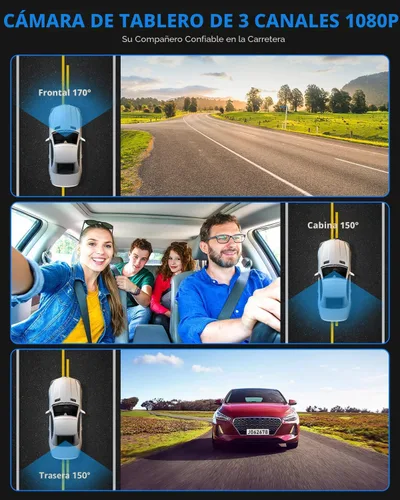 Vista 2 de Cámara de tablero frontal y trasera, cámara de tablero 1080P para automóviles, cámara de automóvil de 3 canales frontal trasera e