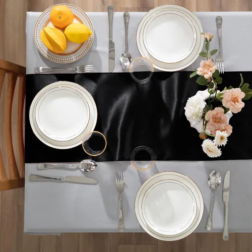 Vista 4 de Paquete de 2 caminos de mesa negros de 12 x 108 pulgadas, camino de mesa rectangular de seda satinada suave para bodas, banquetes, decoración
