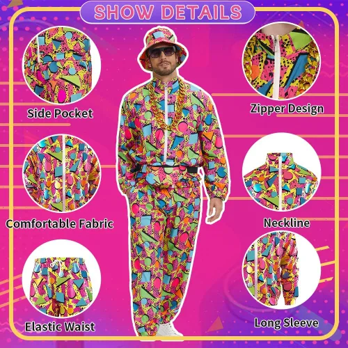 Vista 3 de Traje retro de los años 80 y 90 para hombre, 8 piezas, disfraz vintage de Halloween de los 80 para hombre, conjunto deportivo con accesorios
