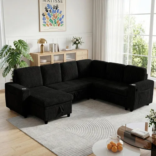 Vista 18 de Sofá cama modular de 103.5 pulgadas con cama extraíble, sofá de gran tamaño con almacenamiento, sofá modular para sala de estar, color beige Negro