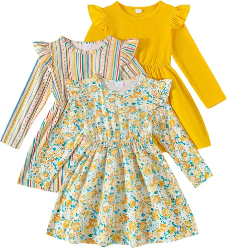 Vista 13 de Vestidos para niñas Vestidos para niñas pequeñas Paquete de 3 Vestido casual de fiesta con estampado patinador acampanado tipo A Vestido de verano