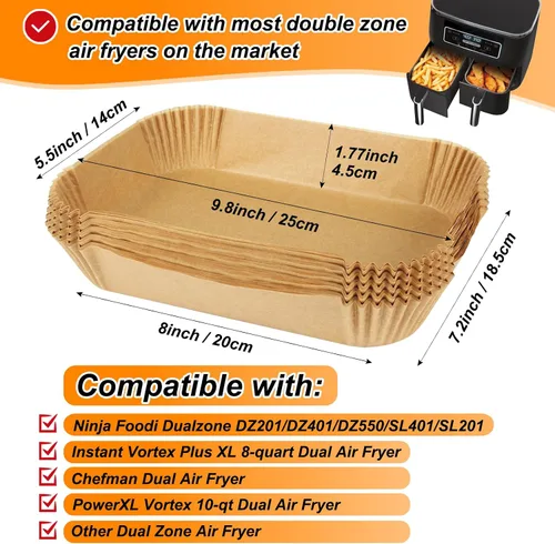Vista 3 de BYKITCHEN Forros de papel desechables para freidora de aire Ninja Dual Airfryer, 100 PCS hojas de papel pergamino rectangulares para freidora