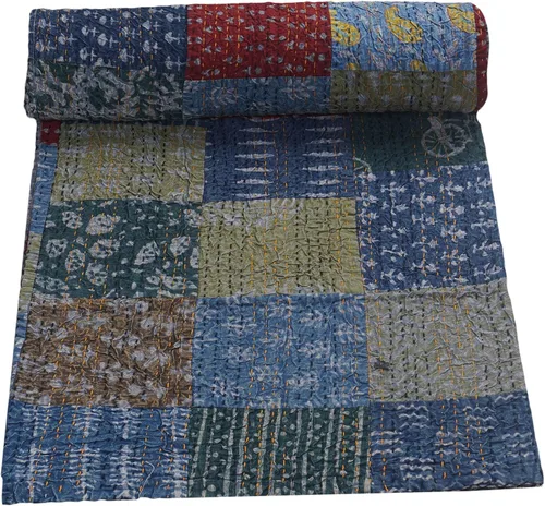 Vista 9 de Marubhumi Colchas hechas a mano tradicional de algodón puro con estampado de cachemira Kantha, funda de cama reversible con estampado de cachemira