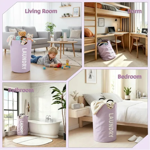 Vista 4 de Bolsa de lavandería plegable de 90 litros con asa, canasta grande para ropa sucia, cesta plegable para ropa sucia, color morado, cesta impermeable