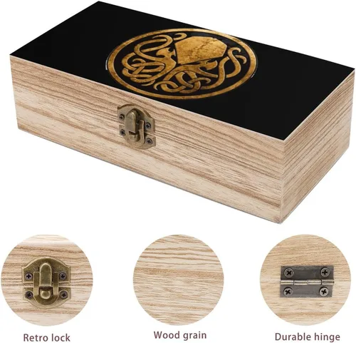 Vista 3 de Cthulhu - Caja de almacenamiento de madera organizadora con tapa con bisagras y cierre frontal para decoración del hogar