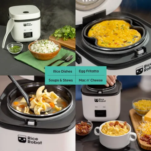 Vista 7 de Rice Robot - Arrocera personal, sin PFAS, antiadherente. Capacidad de 1 cuarto, con bandeja de vapor de acero inoxidable, tazas medidoras, libro