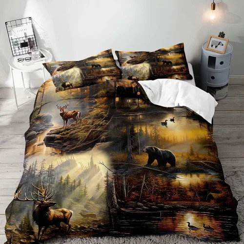 Vista 11 de LUVIVIHOME 2 piezas de funda de edredón con diseño de osos, alces y ciervos en negro, juego de cama individual, ropa de cama rústica de estilo La