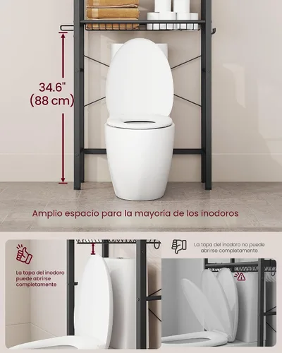 Vista 7 de VASAGLE - Almacenamiento de 3 niveles sobre el inodoro, estantes ajustables, canasta, 63 pulgadas de alto