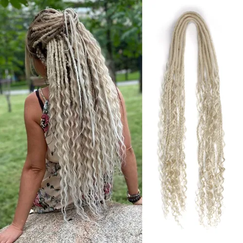 Vista 52 de Extensiones de rastas trenzadas bohemias de 24 pulgadas, 10 hebras de rastas sintéticas rizadas color marrón degradado con trenza de caja, rastas