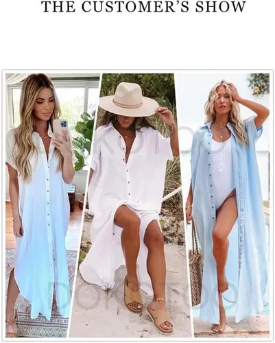 Vista 5 de Dokotoo Womens Casual Short Sleeve Side Split Button Down Long Kimonos Cardigans Swimsuit Cover Ups