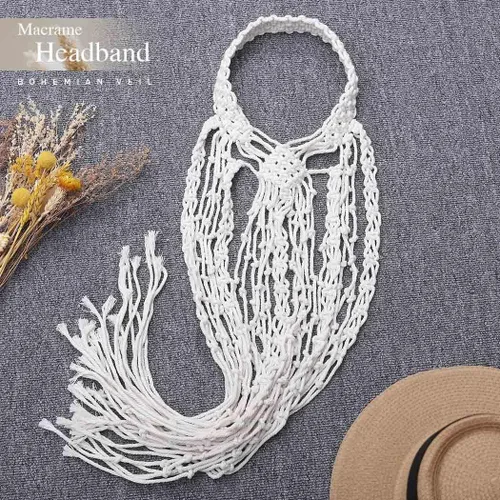 Vista 3 de GORTIN Diademas bohemias de macramé, velo de macramé blanco, diadema hippie, macramé, novia, velo de boda, despedida de soltera, accesorios