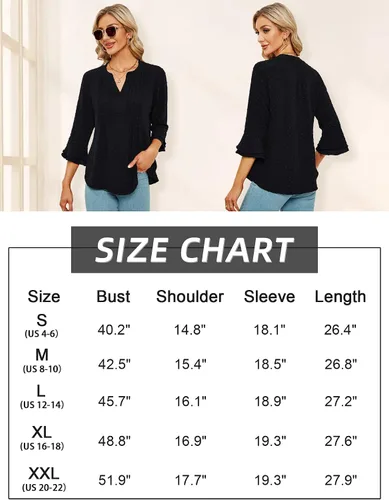 Vista 4 de Blusas de gasa para mujer, manga 34, cuello en V, plisadas, con volantes, lunares suizos, blusas de trabajo para mujer, linda camisa de verano