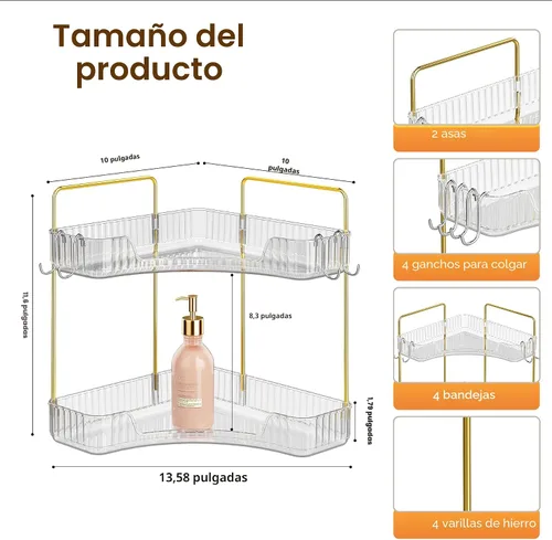 Vista 2 de Organizador de esquina para encimera de baño, organizador de baño de 2 niveles y encimera de almacenamiento con ganchos, cuidado de la piel