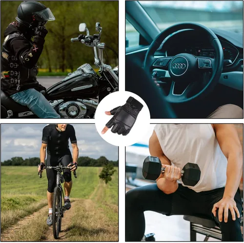 Vista 6 de Long Keeper Guantes de cuero genuino sin dedos para hombre, medio dedo, conducción, ciclismo, motocicleta, deportes al aire libre, Negro