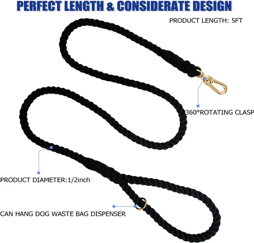Vista 2 de LWBMG Correa de perro de 5 pies hecha a mano con cuerda de algodón trenzada para perros pequeños, medianos y grandes, color negro