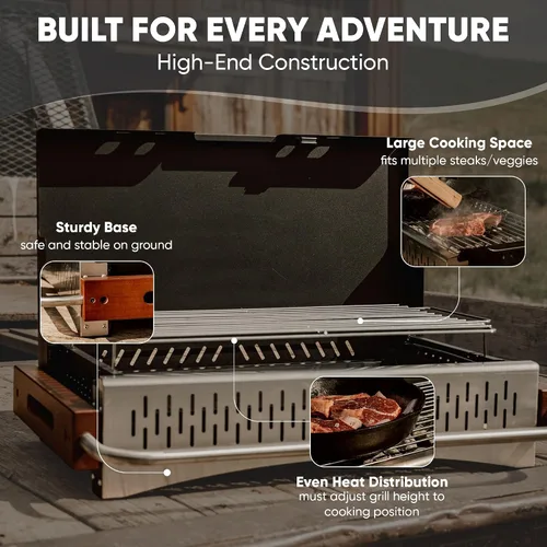 Vista 4 de GasOne XL Parrilla de Carbón Portátil – Parrilla de Barbacoa Plegable de 24.5 x 18.5 pulgadas tipo Maletín con Tapa – Ahumador de Carbón Ligero