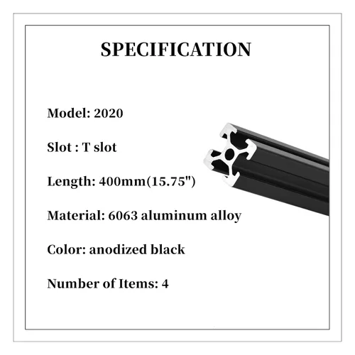 Vista 2 de BELLA BAYS 4 unids 15.75 pulgadas 15.748 in 2020 ranura T perfil de extrusión de aluminio estándar europeo anodizado negro extruido lineal guía