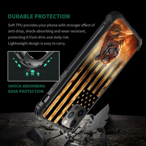 Vista 4 de DJSOK Funda compatible con iPhone 11, funda clásica de grano de madera con diseño de bandera estadounidense y tigre para iPhone 11, funda resistente