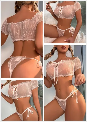 Vista 31 de Avidlove - Conjunto de brasier y braga con volantes, conjunto de lencería tipo babydoll de malla