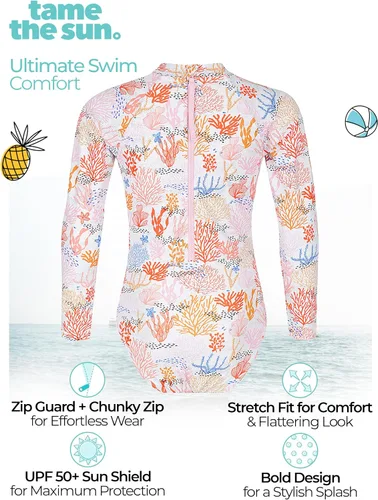 Vista 4 de Tame the Sun Traje de baño de manga larga para niñas, traje de baño de una pieza con protección contra erupciones, UPF 50+ con cremallera para niñas