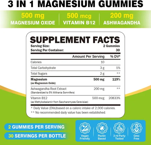 Vista 2 de ZA'ZA K ORGANICS Gomitas de óxido de magnesio, óxido de magnesio de 500 mg con Ashwagandha y vitamina B12 para dormir, nervios, músculos, salud ósea
