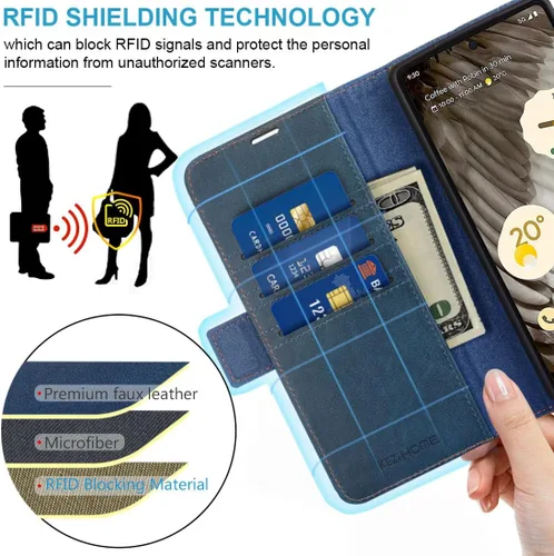 Vista 3 de KEZiHOME Funda para Google Pixel 8, piel auténtica [bloqueo RFID] Funda tipo cartera con tarjetero y función atril con función atril para Google