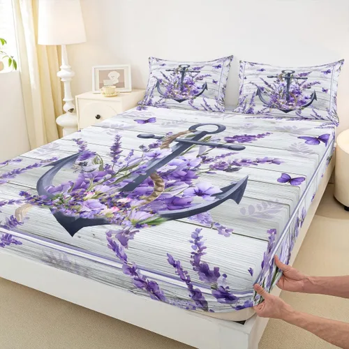 Vista 4 de Anchor Nautical - Juego de sábanas románticas para niños, tamaño individual, diseño de mariposas y lavanda morado, decoración de habitación de niños