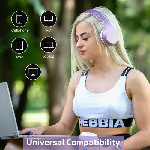 Vista 3 de PowerLocus Auriculares Bluetooth sobre la oreja, auriculares inalámbricos con micrófono, auriculares plegables, orejeras de espuma viscoelástica