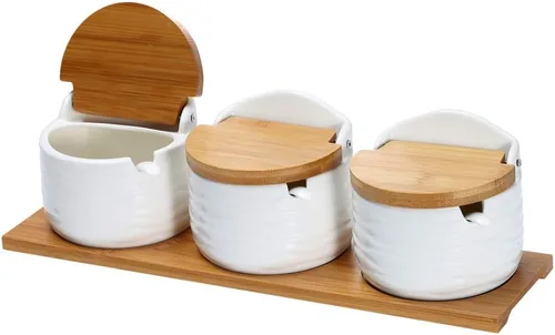 Vista 7 de Recipiente de cerámica con tapa y cuchara de bambú, tarro de porcelana de 9.1 onzas líquidas para pimienta con etiqueta de pizarra, para C-001