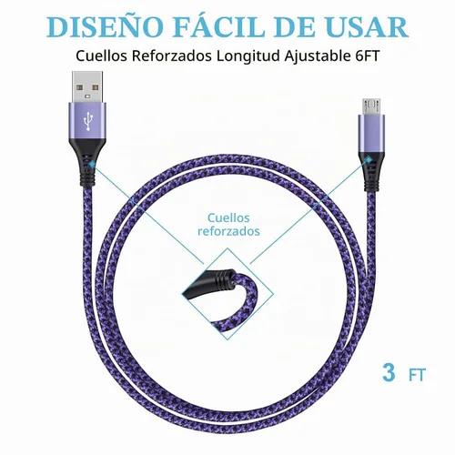 Vista 3 de Cable micro USB, [4 unidades/3 pies] USB Android macho a micro B cable de carga rápido Quick Charging Speed Data Wire Nylon Colored Braided
