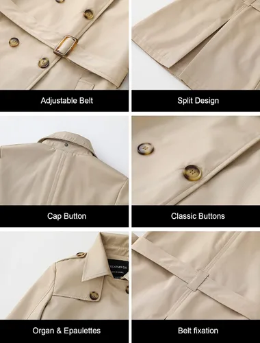 Vista 6 de CREATMO US Gabardina larga para mujer, doble botonadura, clásica, con solapa, con cinturón y capucha desmontable