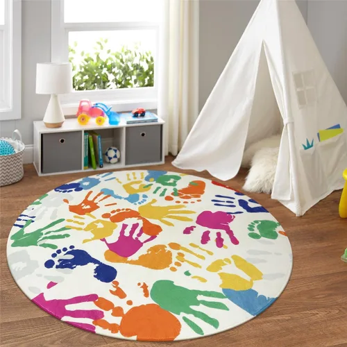 Vista 11 de STARUIA - Alfombra de huellas de manos y pies para niños para sala de juegos, alfombra de guardería lavable de 3 x 5 pies de colores para habitación