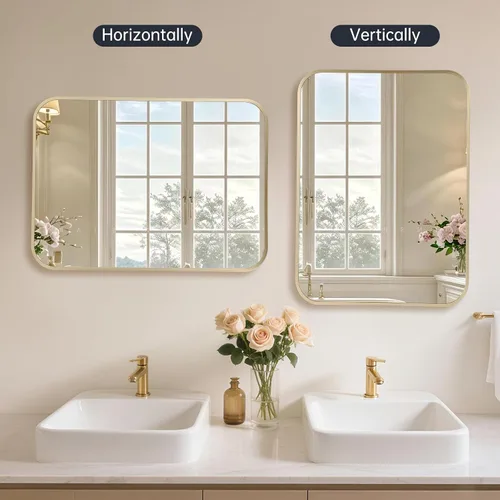Vista 5 de Espejo de baño dorado mate oscuro de 24 x 36 pulgadas para pared, espejo rectangular enmarcado con esquina redondeada, espejo cepillado